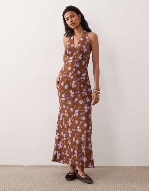Kiss The Sky - Robe longue à imprimé fleuri avec dos nu échancré - Marron/lilas, 2 de 4