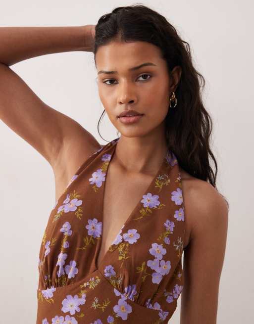 Kiss The Sky - Robe longue à imprimé fleuri avec dos nu échancré - Marron/lilas, 3 de 4