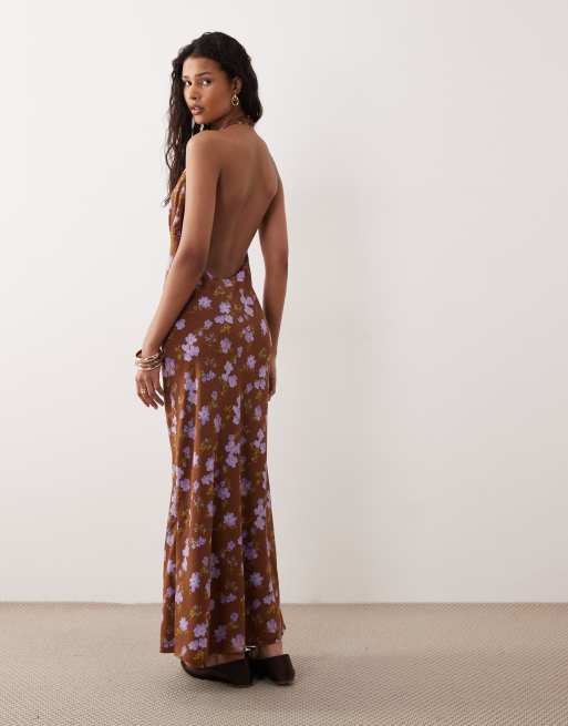 Kiss The Sky - Robe longue à imprimé fleuri avec dos nu échancré - Marron/lilas, 4 de 4