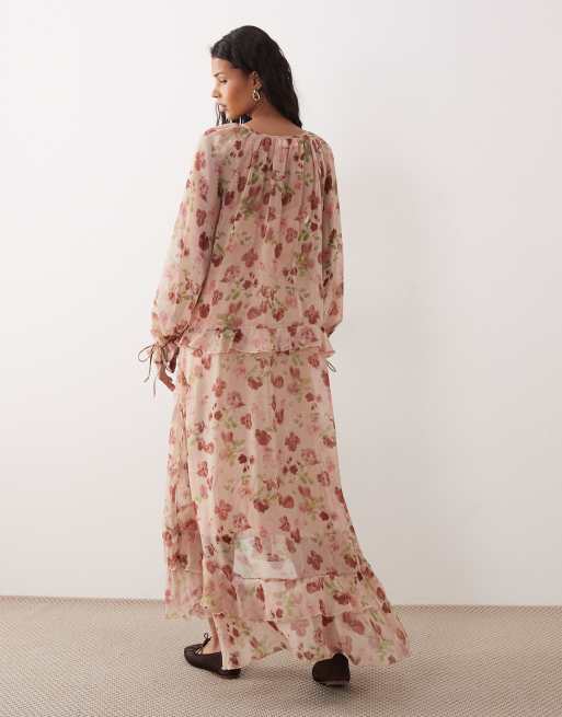 Kiss The Sky - Robe longueur mollet fluide à manches longues et volants - Rose fleuri , 2 de 4