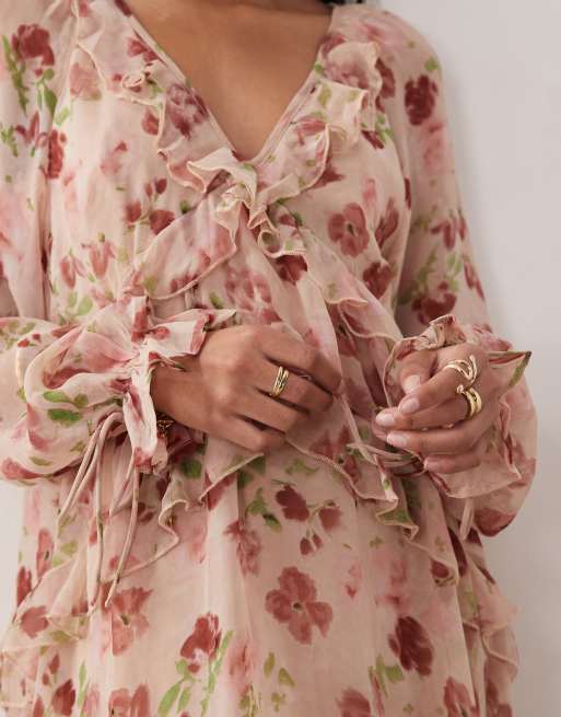 Kiss The Sky - Robe longueur mollet fluide à manches longues et volants - Rose fleuri , 3 de 4