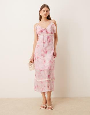 Kiss The Sky Rosewater Chiffon And Lace Vintage Midi Dress In Pink