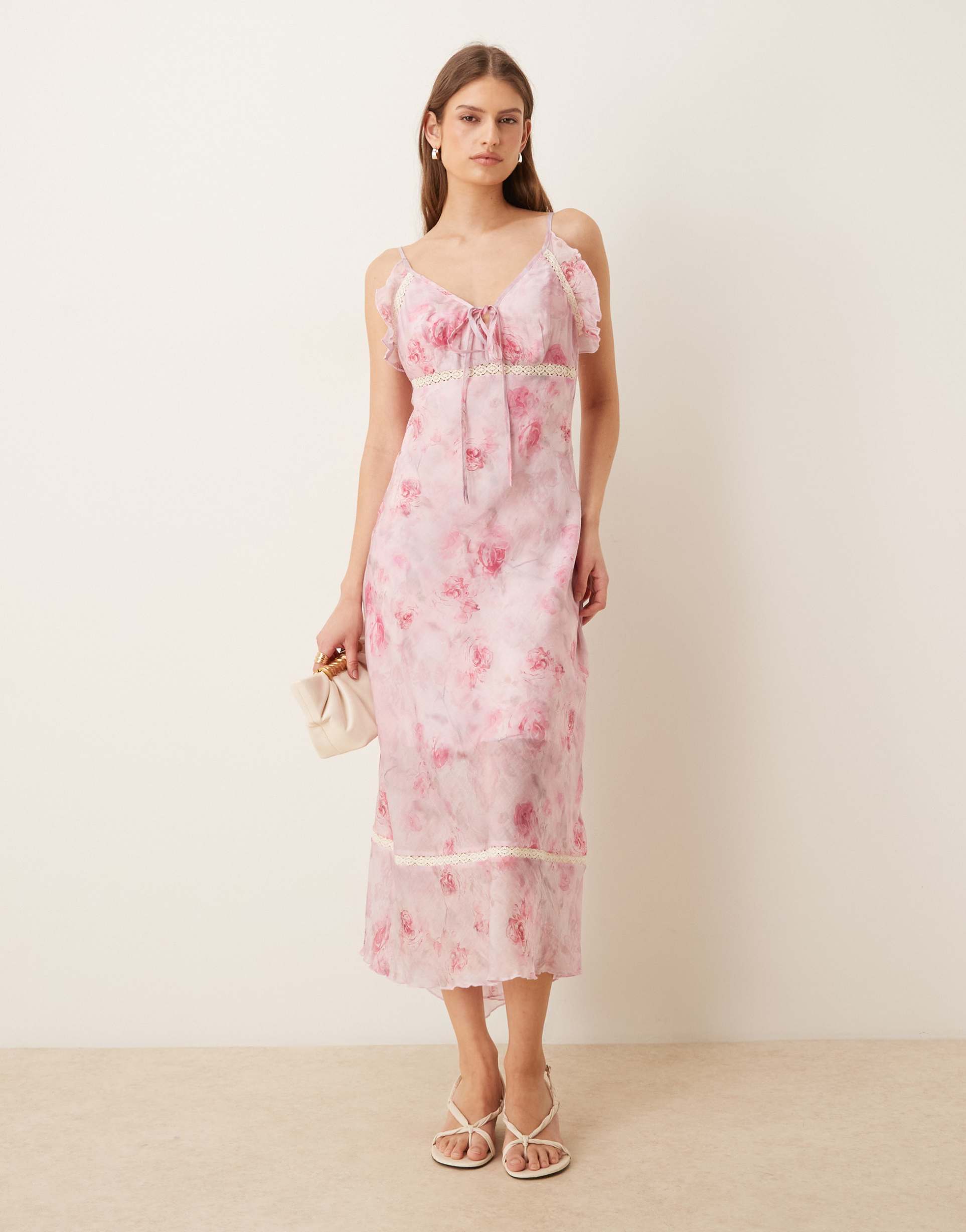 kiss the sky rosewater chiffon and lace vintage midi dress in pink floral