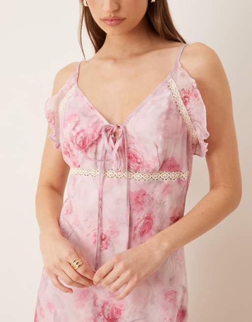Kiss The Sky Rosewater chiffon and lace vintage midi dress in pink floral |  ASOS
