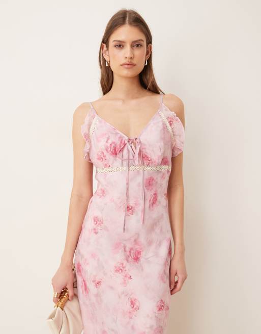 Kiss The Sky Rosewater chiffon and lace vintage midi dress in pink floral |  ASOS