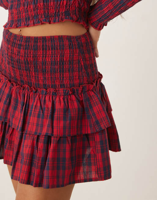 Kiss The Sky ruched mini skirt in burgundy check, 2 of 5