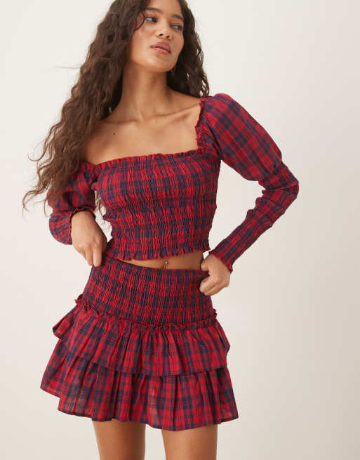 Kiss The Sky ruched mini skirt in burgundy check, 4 of 5