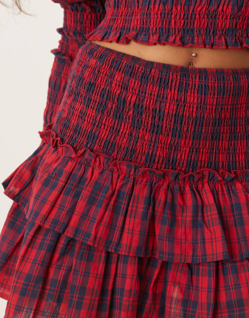 Kiss The Sky ruched mini skirt in burgundy check, 5 of 5
