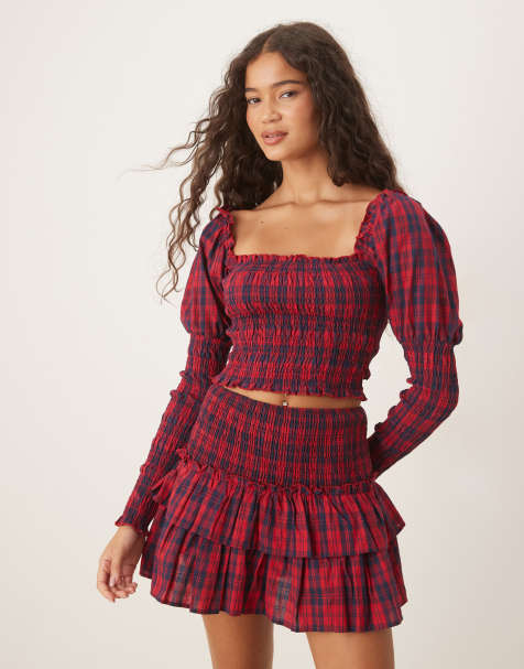 Kiss The Sky ruched top with puff sleeves in burgundy plaid - view 1