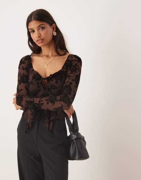 Kiss The Sky ruffle sleeved lace top in espresso - view 1