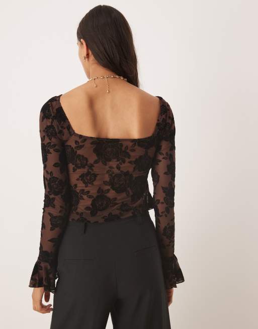 Kiss The Sky ruffle sleeved lace top in espresso
