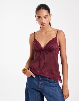 Kiss The Sky Satin And Lace Cami Top In Burgundy