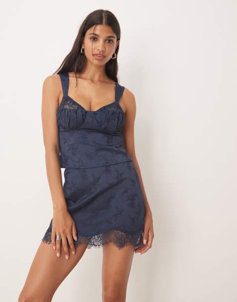 Kiss The Sky satin jacquard bustier lace detailed top in navy - view 1