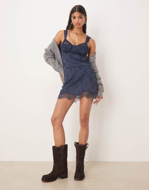 Kiss The Sky satin jacquard mini skirt with lace edge in navy - view 1
