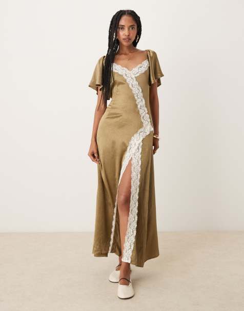 Kiss The Sky satin lace detailed midaxi dress in olive - view 1