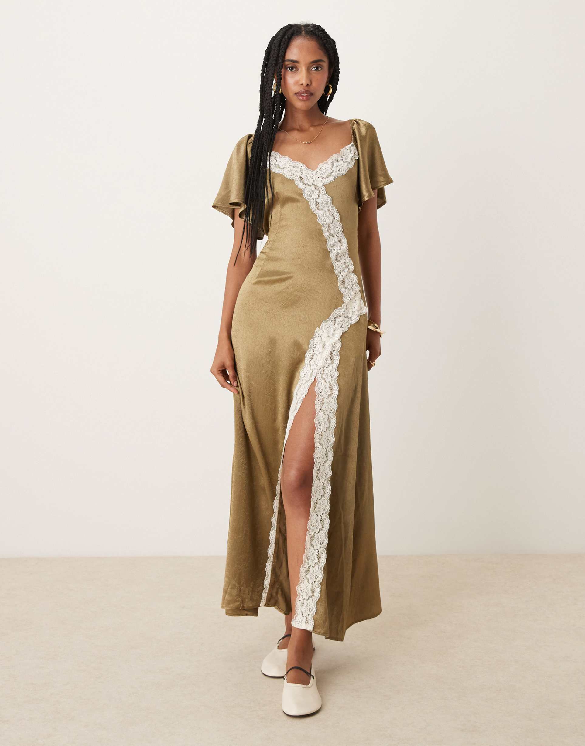 kiss the sky satin lace detailed midaxi dress in olive