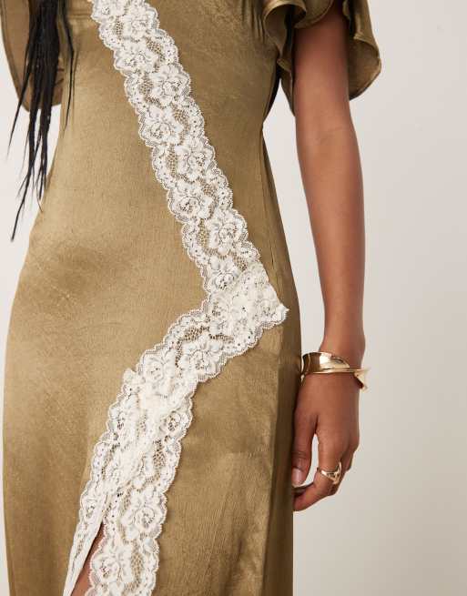 Kiss The Sky satin lace detailed midaxi dress in olive, 2 of 4