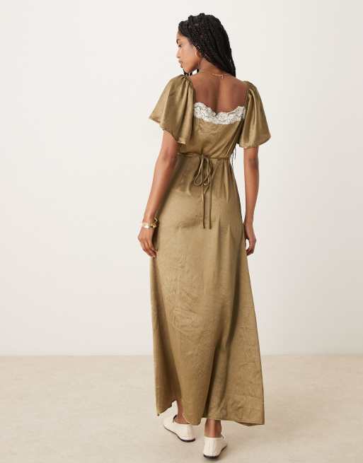 Kiss The Sky satin lace detailed midaxi dress in olive, 3 of 4