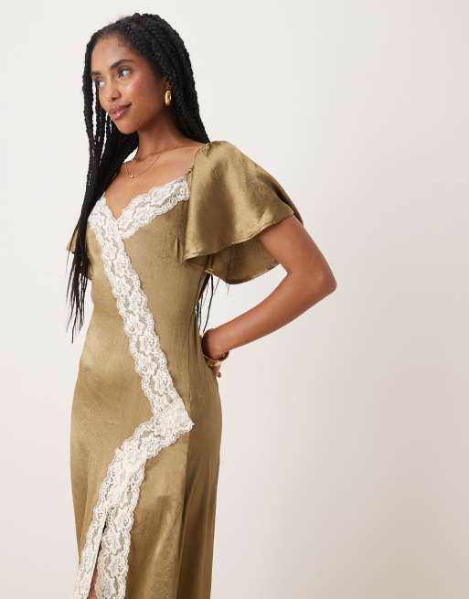 Kiss The Sky satin lace detailed midaxi dress in olive | ASOS