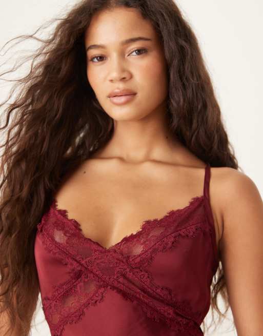 Kiss The Sky satin midaxi lace detailed dress in burgundy, 2 of 4