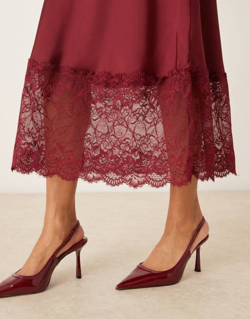 Kiss The Sky satin midaxi lace detailed dress in burgundy, 3 of 4