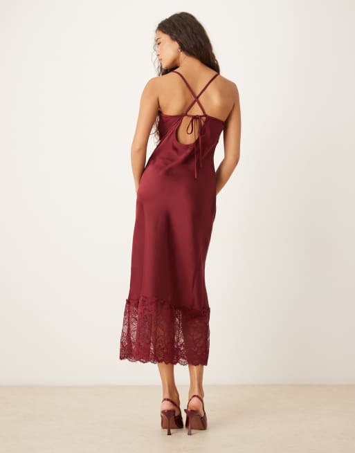 Kiss The Sky satin midaxi lace detailed dress in burgundy, 4 of 4