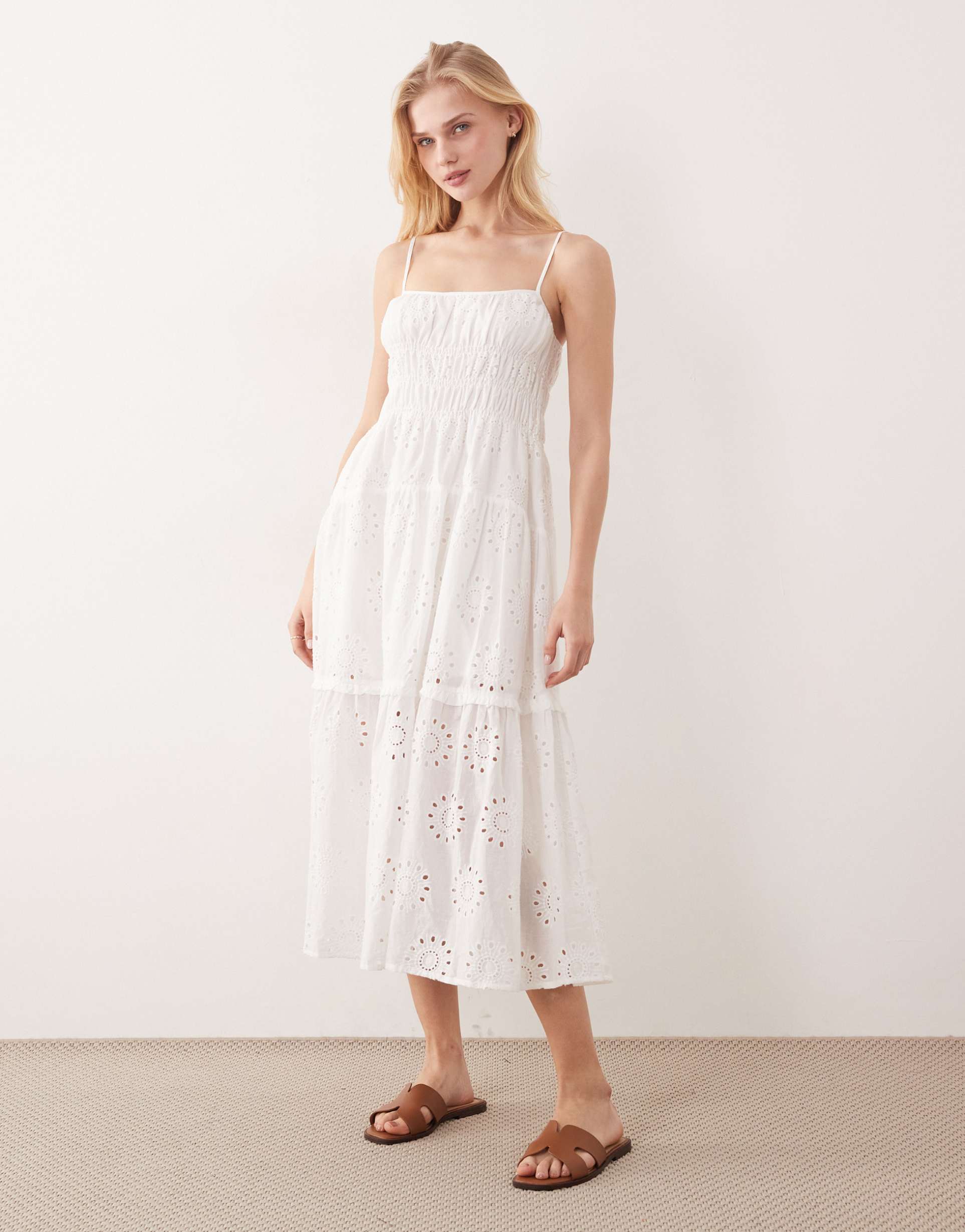 kiss the sky seraphina shirred broderie midaxi dress in white