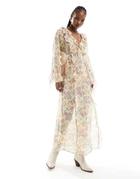 Kiss The Sky sheer maxi dress with ruffles and tie cuffs - view 1