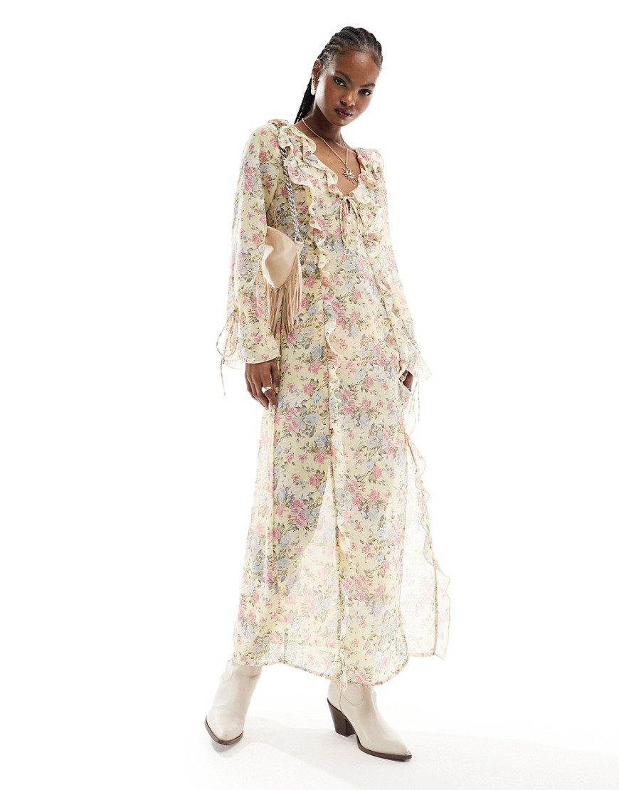 Kiss The Sky sheer maxi dress with ruffles and tie cuffs-Multi