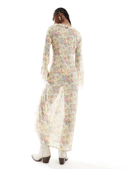 Kiss The Sky sheer maxi dress with ruffles and tie cuffs, 3 of 4