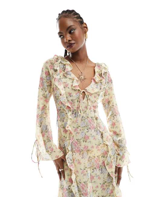 Kiss The Sky sheer maxi dress with ruffles and tie cuffs, 4 of 4