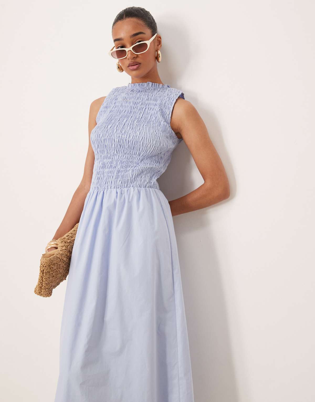 Kiss The Sky shirred drop waist midi dress in sky blue