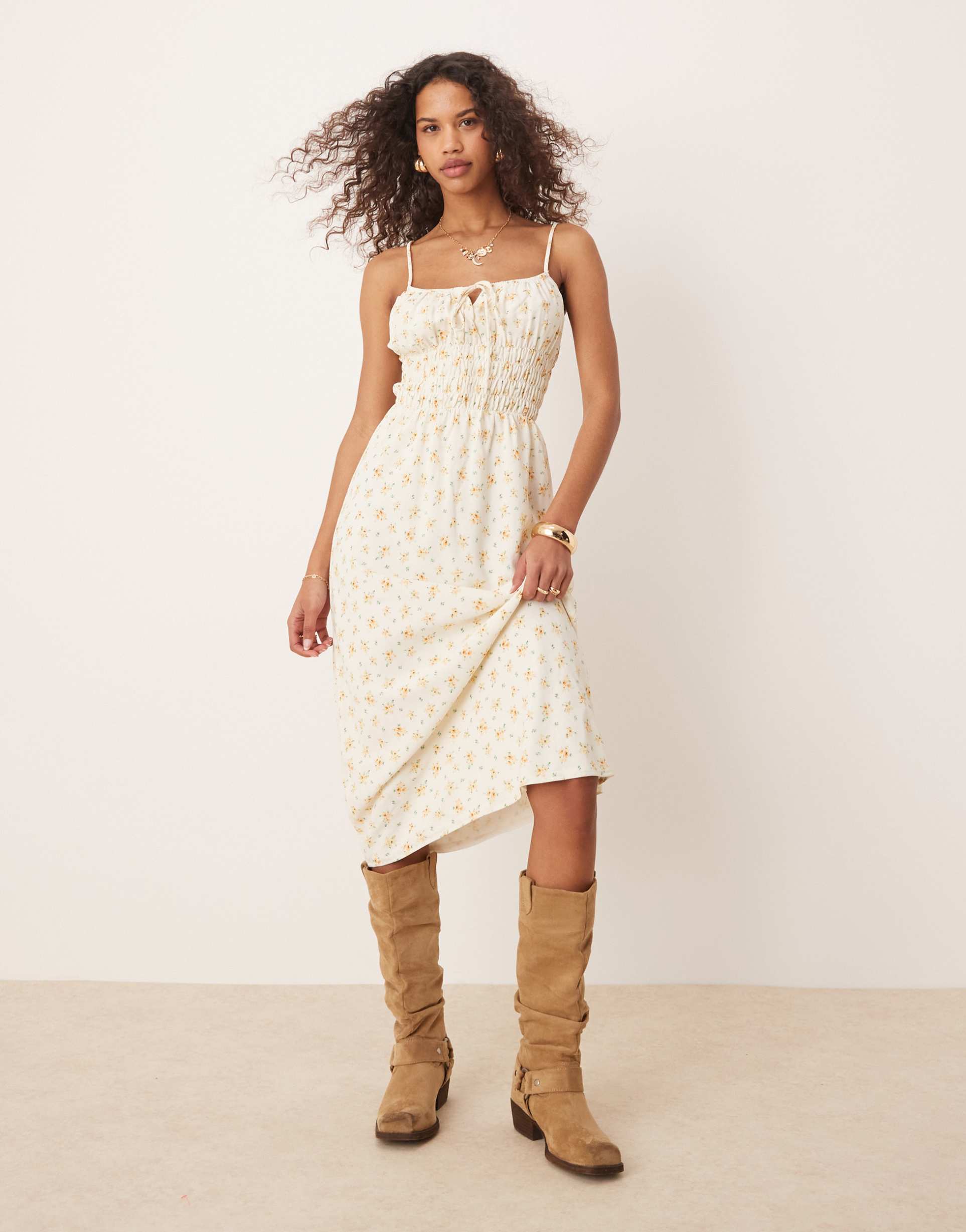 kiss the sky shirred midi dress in yellow floral print