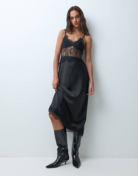 Kiss The Sky slip eyelash lace and satin mix maxi dress in black - view 1