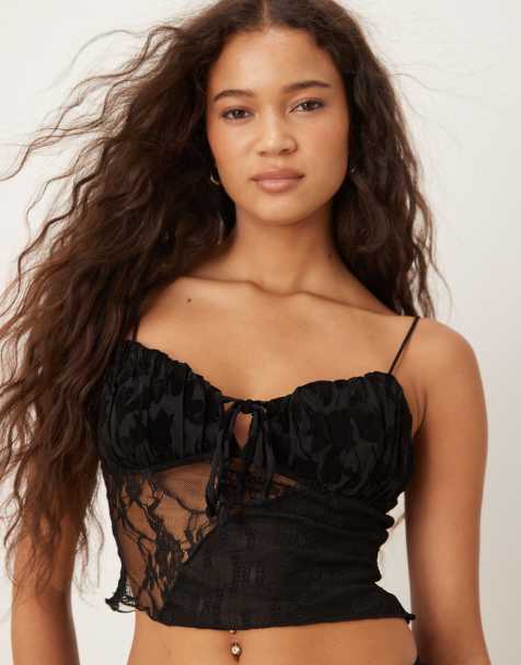 Kiss The Sky spliced lace cami co-ord top in black - view 1