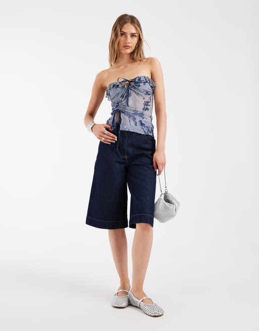 Kiss The Sky strapless velvet devore bandeau top in blue , 2 of 4