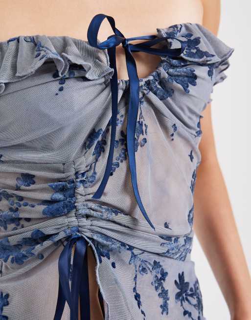 Kiss The Sky strapless velvet devore bandeau top in blue , 4 of 4
