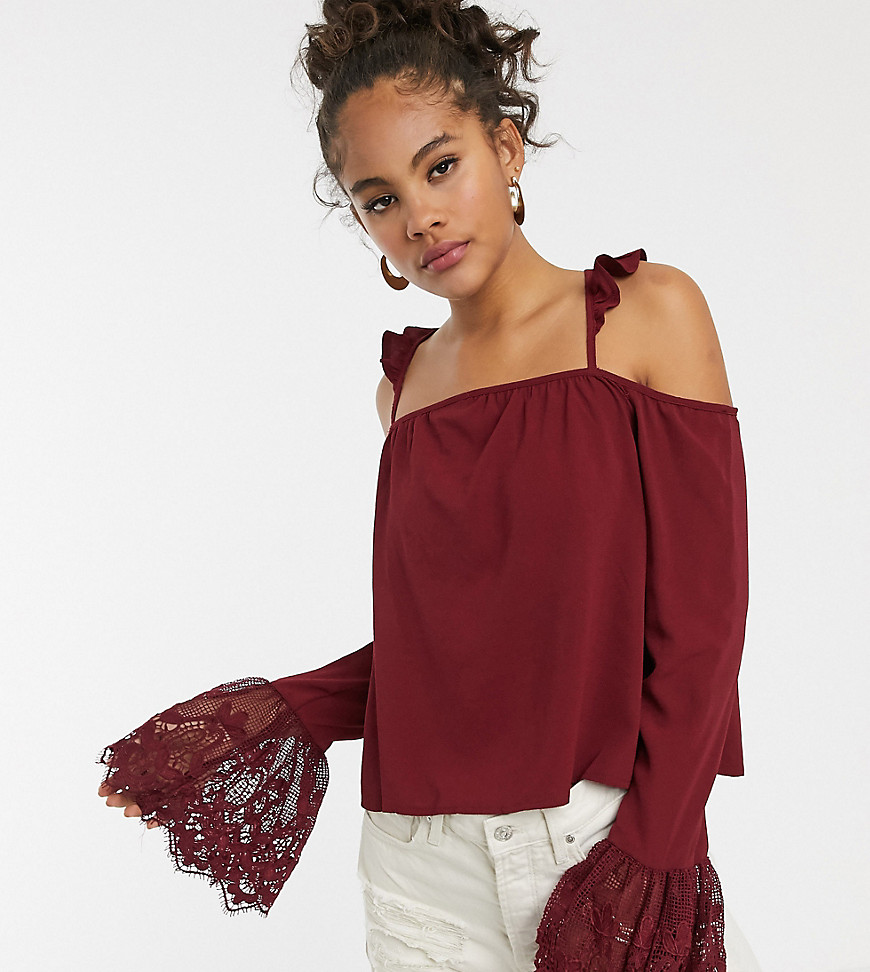 Kiss The Sky Tall Cold Shoulder Strappy Top With Lace Fluted Sleeves-Red
