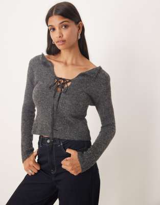 Kiss The Sky Kiss The Sky tie front detail long sleeve knit jumper in charcoal-Grey
