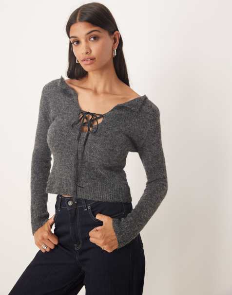 Kiss The Sky tie front detail long sleeve knit sweater in charcoal - view 1