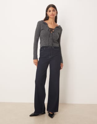 Kiss The Sky Tie Front Detail Long Sleeve Knit Sweater In Gray