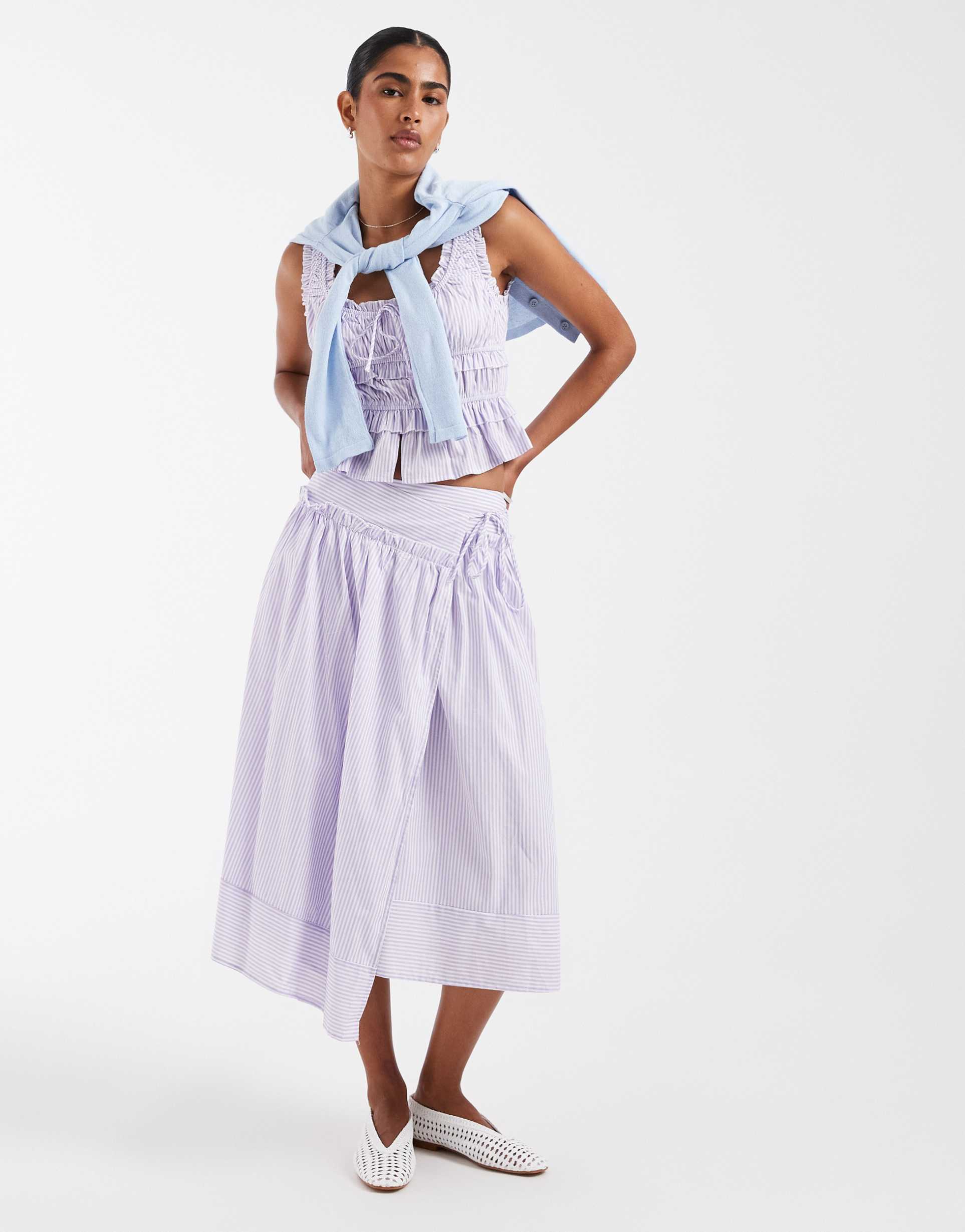 kiss the sky tie waist midi skirt in lilac stripes - part of a set