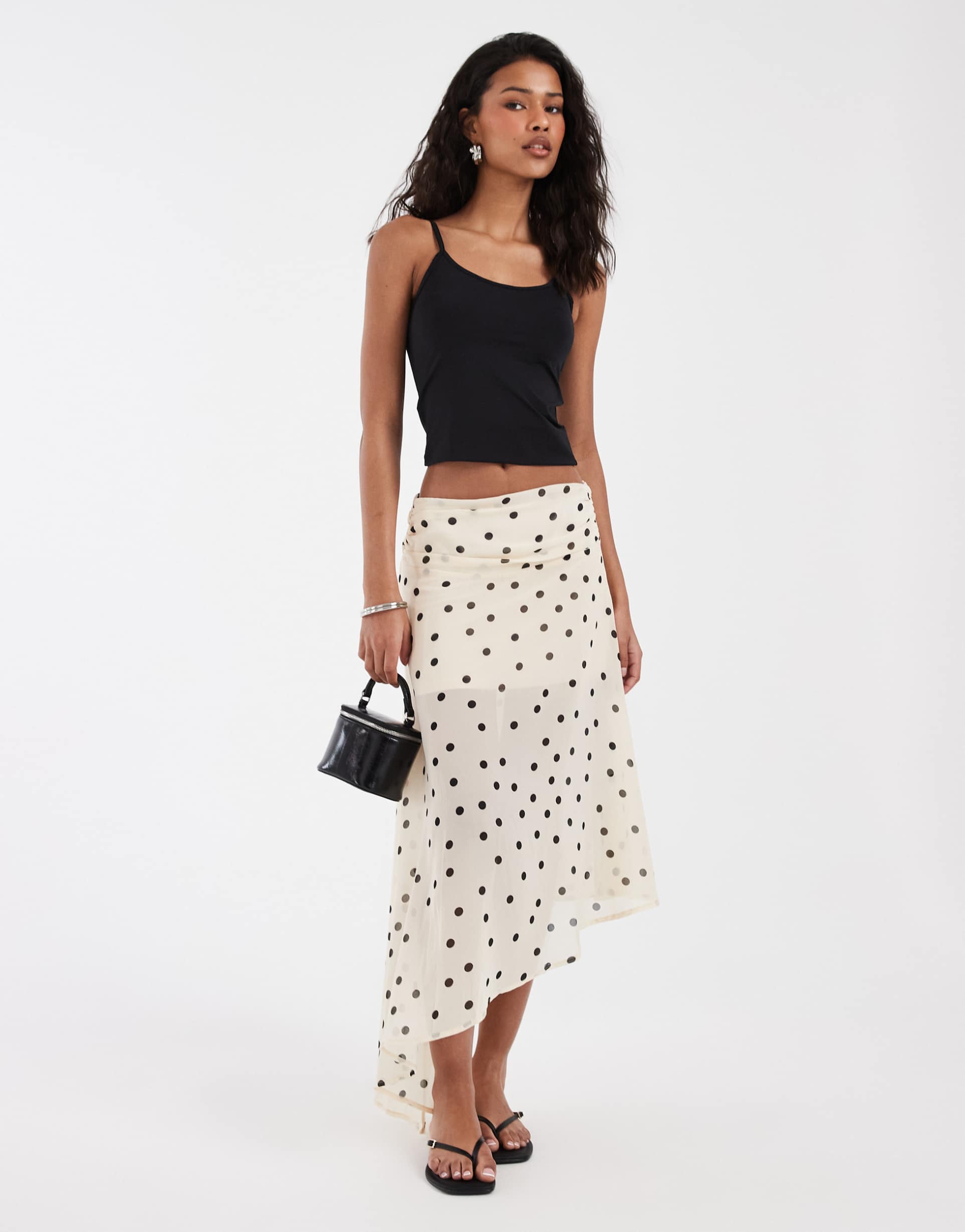 kiss the sky titia asymmetric slit side skirt in ivory polka dot