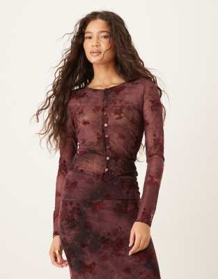 Kiss The Sky - Top d'ensemble boutonné à manches longues et laçage - Rouge cerise laqué