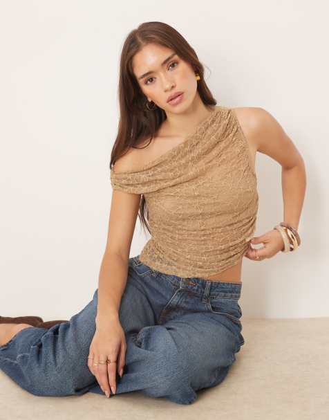 Kiss The Sky - Top in pizzo color nocciola con spalla scoperta e arricciature - view 1