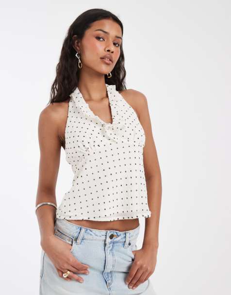 Kiss The Sky Uma frilly polka dot halter top in white - view 1