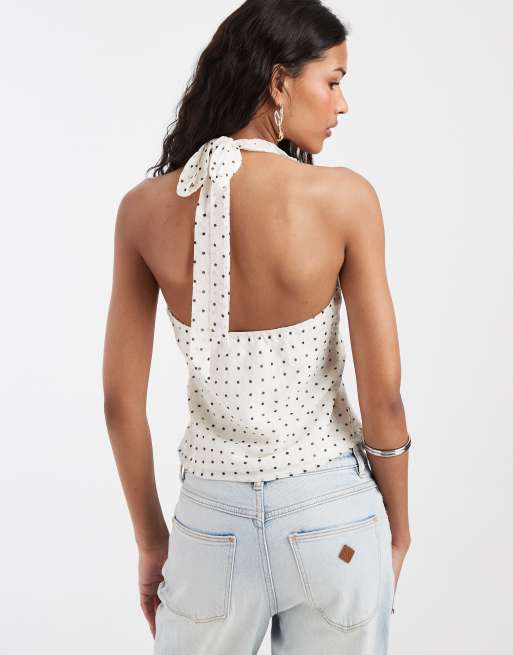 Kiss The Sky Uma frilly polka dot halter top in white, 4 of 4