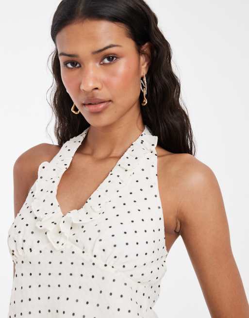 Kiss The Sky Uma ruffle polka dot halter top in white, 3 of 4