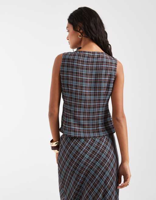 Kiss the Sky v neck chiffon top in blue check co-ord, 4 of 4