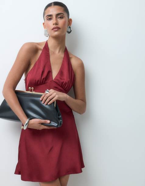 Kiss The Sky v neck halterneck mini dress with lace back detailing  in burgundy - view 1